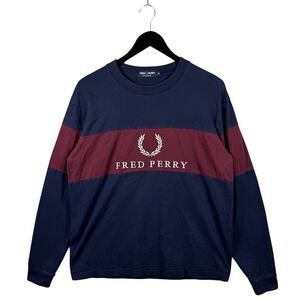Fred Perry Sweatshirt Men's Medium Long Sleeve Navy Blue & Red Striped Crew Neck